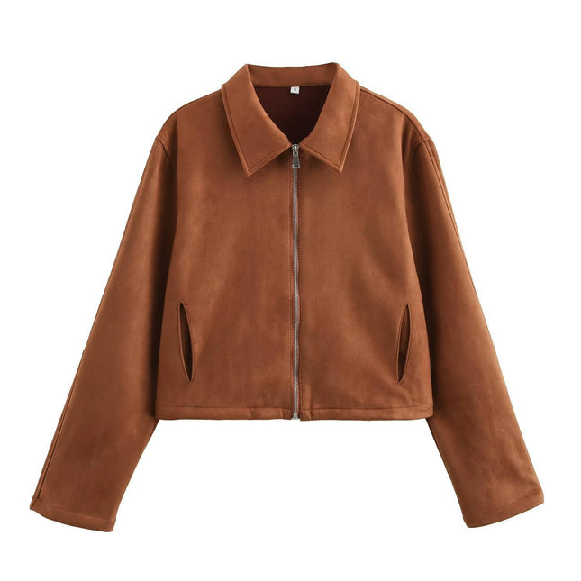 Women's Faux Suede Jacket Long Sleeve Pocket Zip Up Cropped Coat