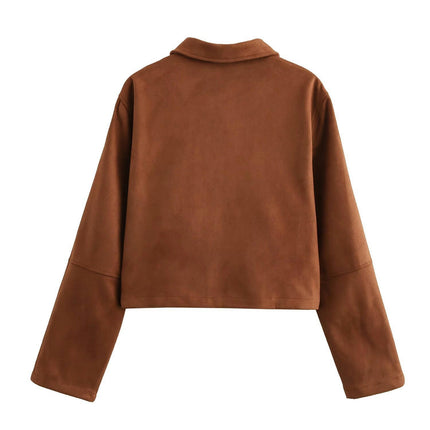 Women's Faux Suede Jacket Long Sleeve Pocket Zip Up Cropped Coat