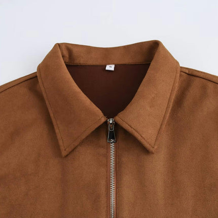 Women's Faux Suede Jacket Long Sleeve Pocket Zip Up Cropped Coat