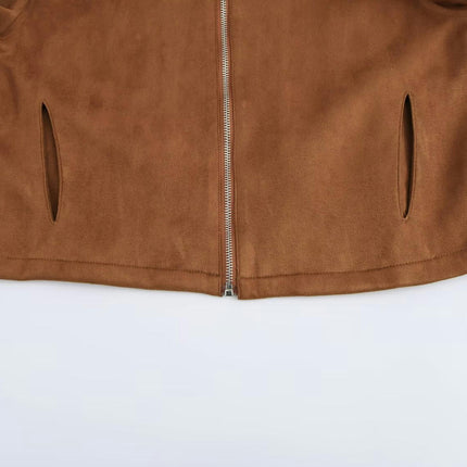 Women's Faux Suede Jacket Long Sleeve Pocket Zip Up Cropped Coat