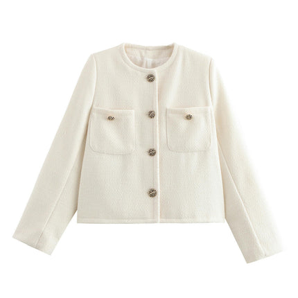Women Cropped Tweed Jacket Long Sleeve Button Down Casual Jacket with Pockets