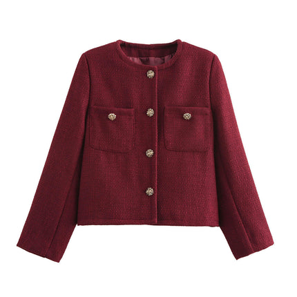Women Cropped Tweed Jacket Long Sleeve Button Down Casual Jacket with Pockets