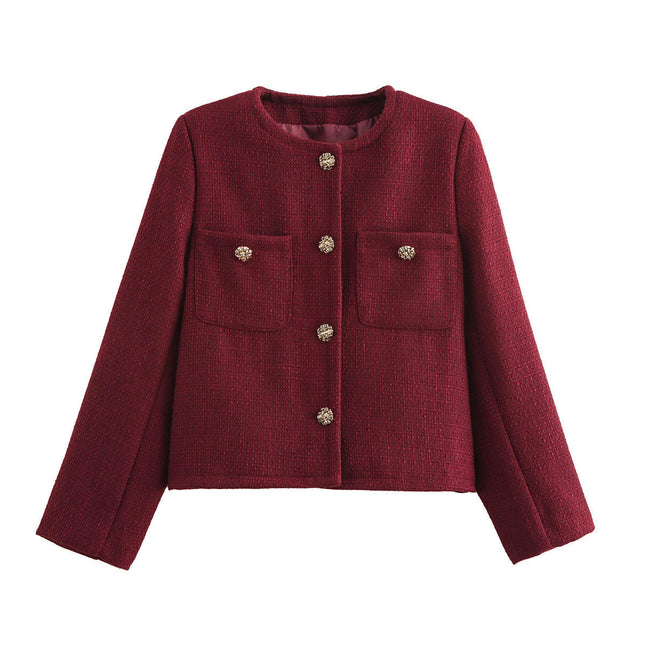 Women Cropped Tweed Jacket Long Sleeve Button Down Casual Jacket with Pockets