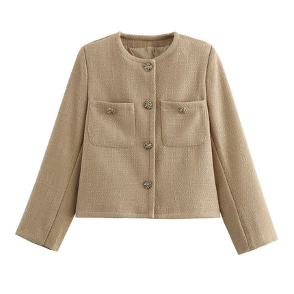Women Cropped Tweed Jacket Long Sleeve Button Down Casual Jacket with Pockets