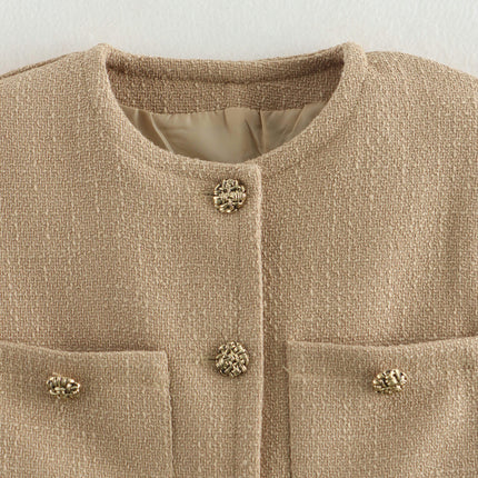 Women Cropped Tweed Jacket Long Sleeve Button Down Casual Jacket with Pockets
