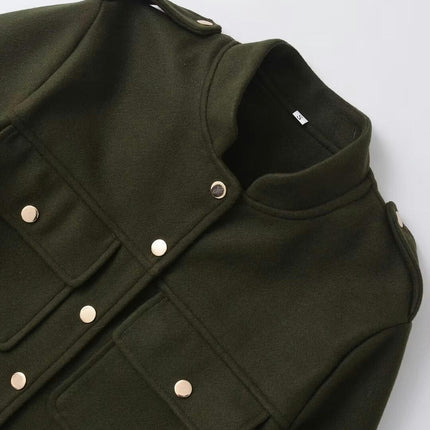 Women's Fashion Button Down Cropped Jacket Stand Collar Coat with Pockets
