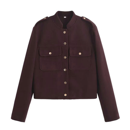 Women's Fashion Button Down Cropped Jacket Stand Collar Coat with Pockets