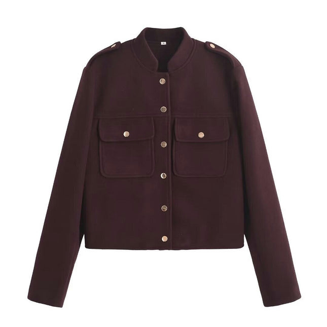 Women's Fashion Button Down Cropped Jacket Stand Collar Coat with Pockets