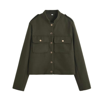 Women's Fashion Button Down Cropped Jacket Stand Collar Coat with Pockets