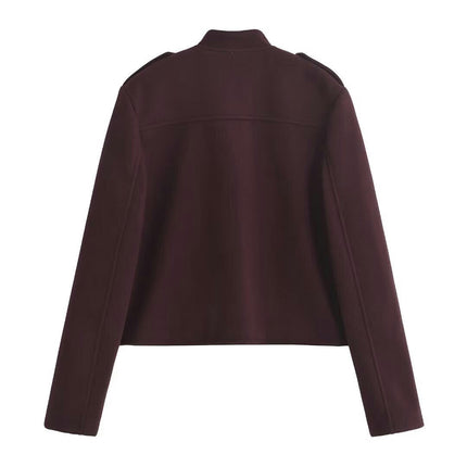 Women's Fashion Button Down Cropped Jacket Stand Collar Coat with Pockets