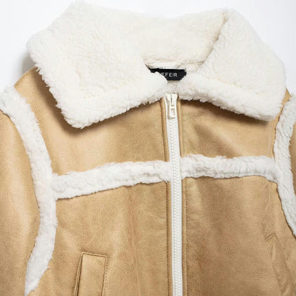 Women's Fleece Sherpa Lined Zip Up Coat Lapel Collar Winter Casual Jacket with Pockets