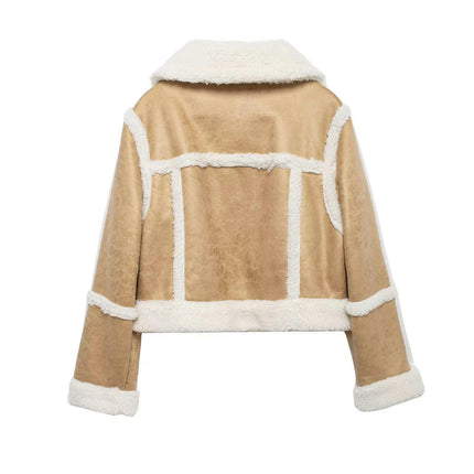 Women's Fleece Sherpa Lined Zip Up Coat Lapel Collar Winter Casual Jacket with Pockets