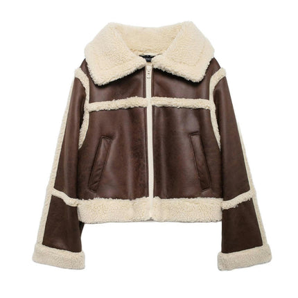 Women's Fleece Sherpa Lined Zip Up Coat Lapel Collar Winter Casual Jacket with Pockets