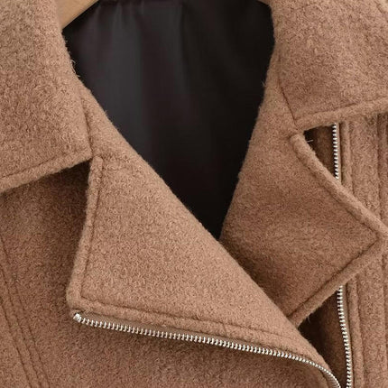 Women's Cropped Wool Blend Coat Zip Up Long Sleeve Jacket Lapel Outerwear with Belt
