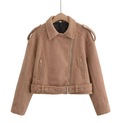 Women's Cropped Wool Blend Coat Zip Up Long Sleeve Jacket Lapel Outerwear with Belt
