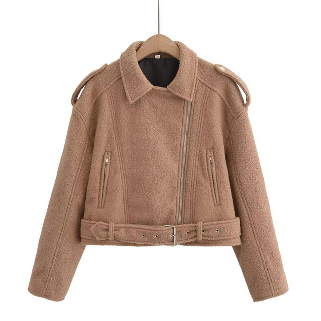 Women's Cropped Wool Blend Coat Zip Up Long Sleeve Jacket Lapel Outerwear with Belt