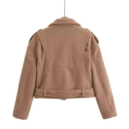 Women's Cropped Wool Blend Coat Zip Up Long Sleeve Jacket Lapel Outerwear with Belt