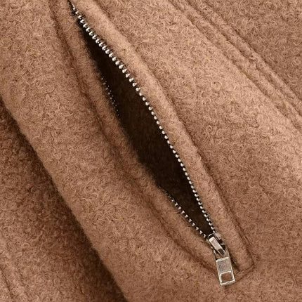 Women's Cropped Wool Blend Coat Zip Up Long Sleeve Jacket Lapel Outerwear with Belt