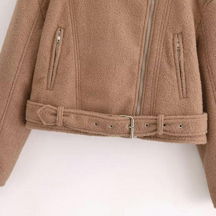 Women's Cropped Wool Blend Coat Zip Up Long Sleeve Jacket Lapel Outerwear with Belt
