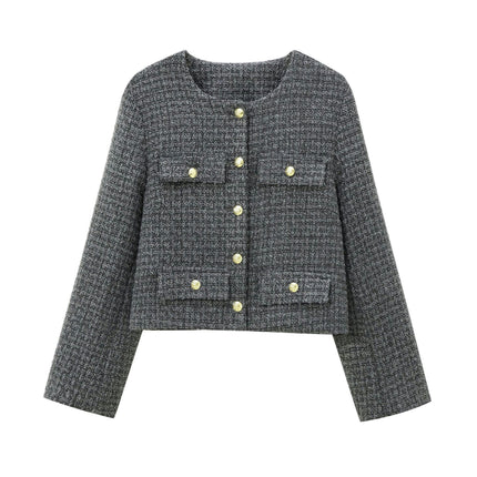 Women's Cropped Elegant Casual Tweed Blazer Button Down Long Sleeve Jacket