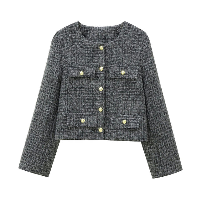 Women's Cropped Elegant Casual Tweed Blazer Button Down Long Sleeve Jacket