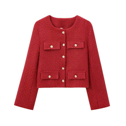 Women's Cropped Elegant Casual Tweed Blazer Button Down Long Sleeve Jacket