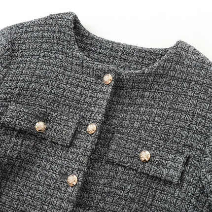 Women's Cropped Elegant Casual Tweed Blazer Button Down Long Sleeve Jacket