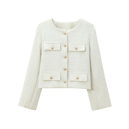 Women's Cropped Elegant Casual Tweed Blazer Button Down Long Sleeve Jacket