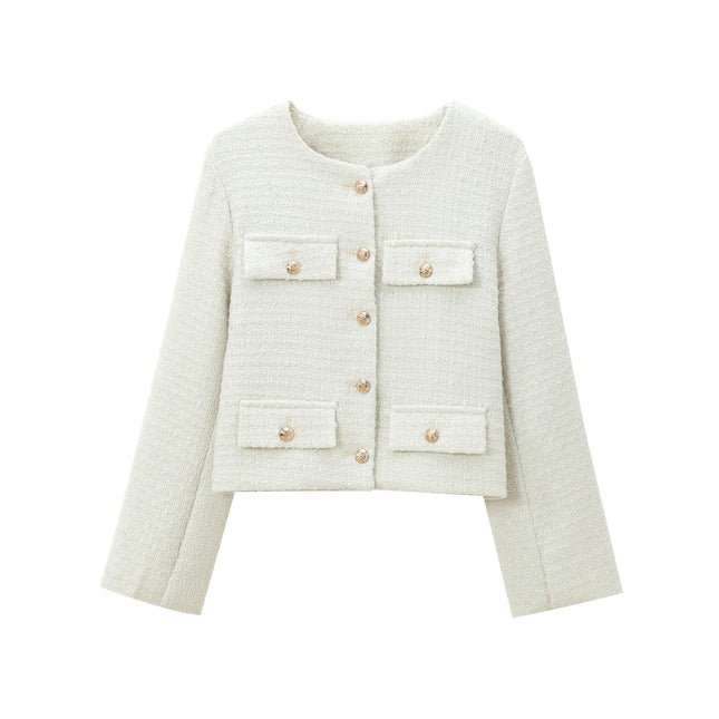 Women's Cropped Elegant Casual Tweed Blazer Button Down Long Sleeve Jacket