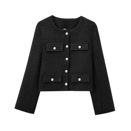 Women's Cropped Elegant Casual Tweed Blazer Button Down Long Sleeve Jacket