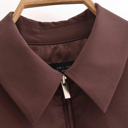Womens Casual Jackets Cropped Lapel Zipper Long Sleeve Coat with Pockets