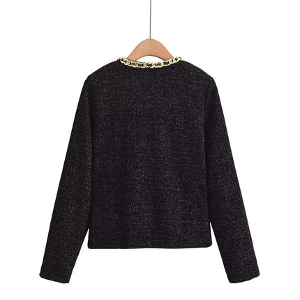 Tweed Jacket for Women Long Sleeve Button Down Casual Work Office Plaid Cropped Coat