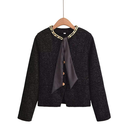 Tweed Jacket for Women Long Sleeve Button Down Casual Work Office Plaid Cropped Coat