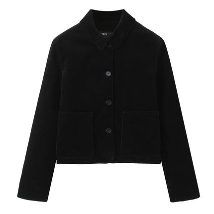 Women's Corduroy Cropped Jacket Winter Fall Lapel Button Down Casual Short Coats