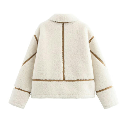 Womens Faux Fleece Jackets Winter Trendy Sherpa Zip Up Patchwork Coat Outerwear
