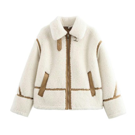 Womens Faux Fleece Jackets Winter Trendy Sherpa Zip Up Patchwork Coat Outerwear