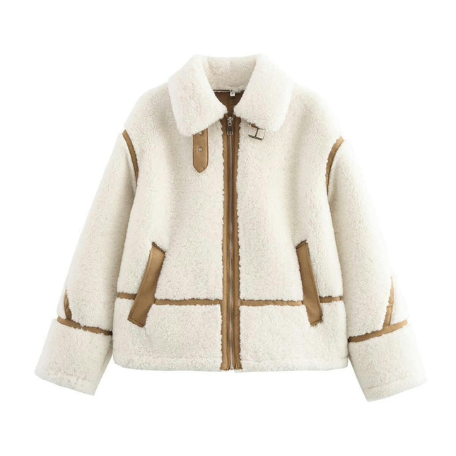 Womens Faux Fleece Jackets Winter Trendy Sherpa Zip Up Patchwork Coat Outerwear