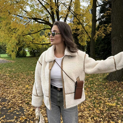 Womens Faux Fleece Jackets Winter Trendy Sherpa Zip Up Patchwork Coat Outerwear