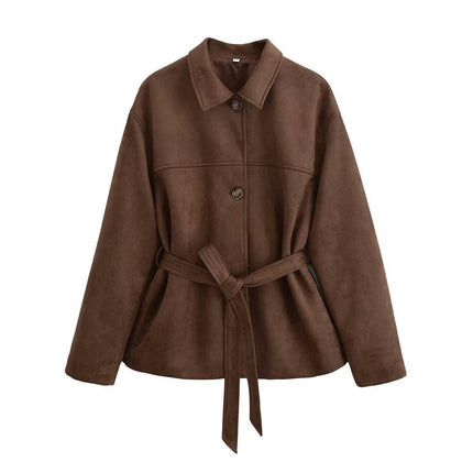 Women's Faux Suede Jacket Lapel Long Sleeve Button Down Midi Length Coat with Belt