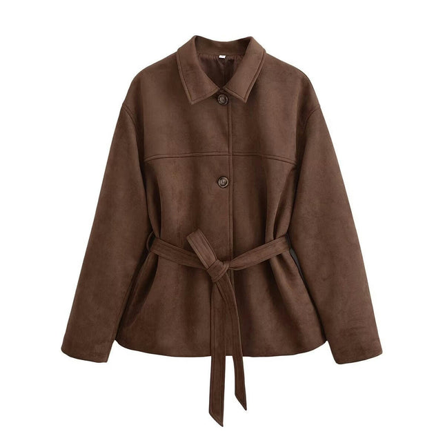 Women's Faux Suede Jacket Lapel Long Sleeve Button Down Midi Length Coat with Belt