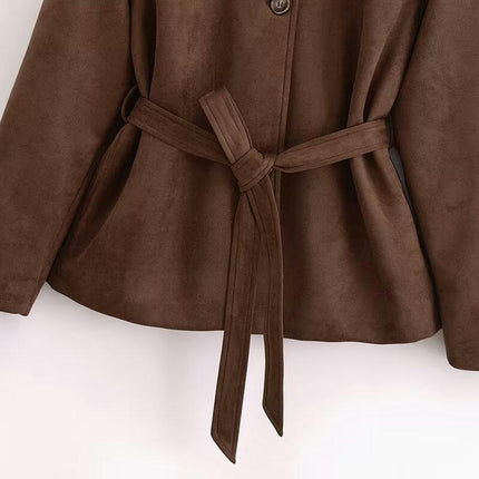 Women's Faux Suede Jacket Lapel Long Sleeve Button Down Midi Length Coat with Belt
