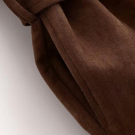Women's Faux Suede Jacket Lapel Long Sleeve Button Down Midi Length Coat with Belt