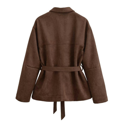 Women's Faux Suede Jacket Lapel Long Sleeve Button Down Midi Length Coat with Belt