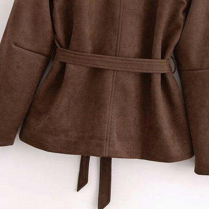 Women's Faux Suede Jacket Lapel Long Sleeve Button Down Midi Length Coat with Belt