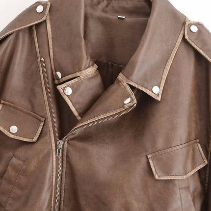 Women Faux Leather Cropped Jacket Lapel Zipper Biker Short Coat with Belt