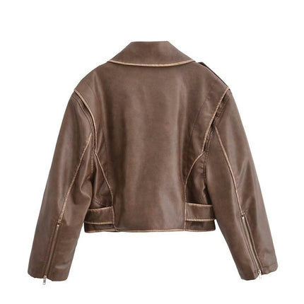 Women Faux Leather Cropped Jacket Lapel Zipper Biker Short Coat with Belt