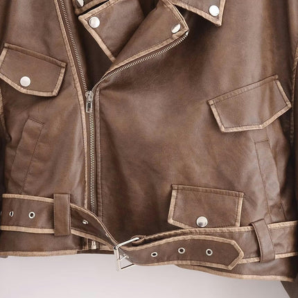 Women Faux Leather Cropped Jacket Lapel Zipper Biker Short Coat with Belt