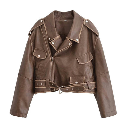 Women Faux Leather Cropped Jacket Lapel Zipper Biker Short Coat with Belt