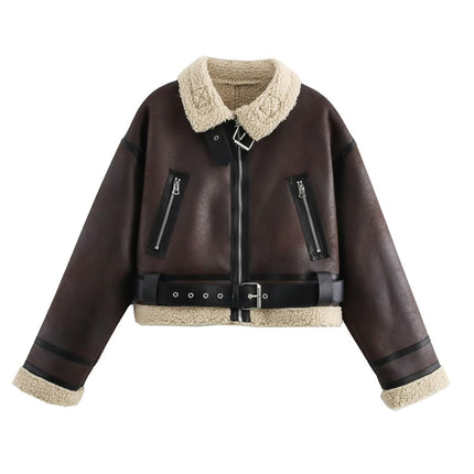 Womens Winter Short Jacket Lapel Zipper Sherpa-Lined Cropped Coat