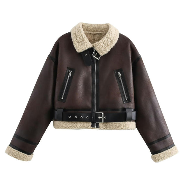 Womens Winter Short Jacket Lapel Zipper Sherpa-Lined Cropped Coat